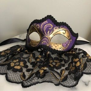 Venetian Hand-Painted Masquerade mask w/ lace face cover